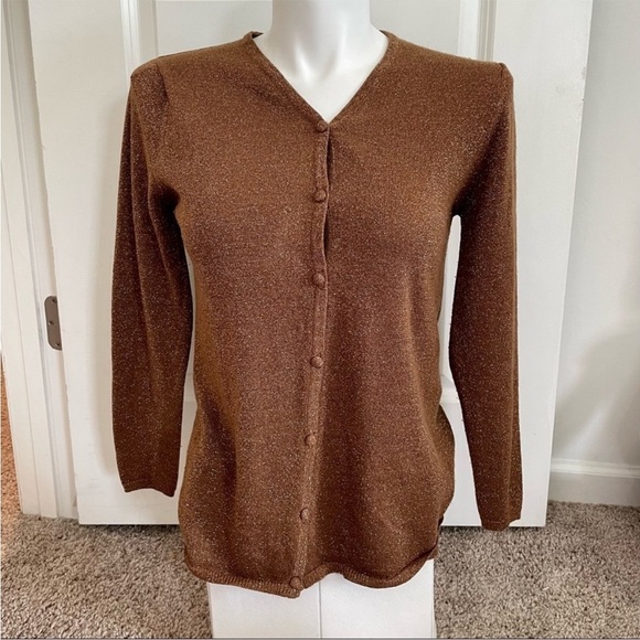 Sag Harbor Brown Gold Metallic Button Down V-Neck Cardigan - Picture 2 of 10